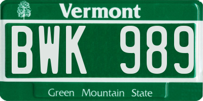 VT license plate BWK989