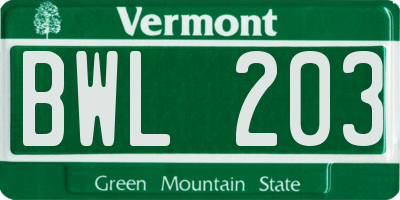 VT license plate BWL203