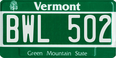 VT license plate BWL502