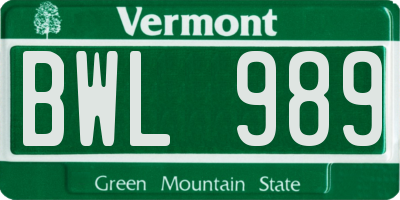VT license plate BWL989