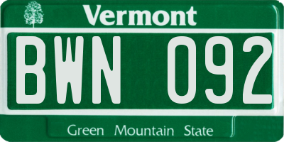 VT license plate BWN092
