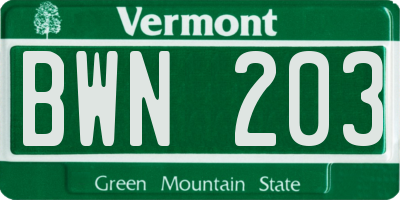 VT license plate BWN203