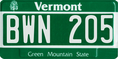 VT license plate BWN205