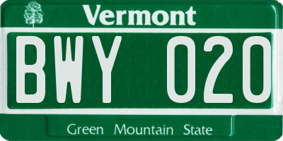 VT license plate BWY020