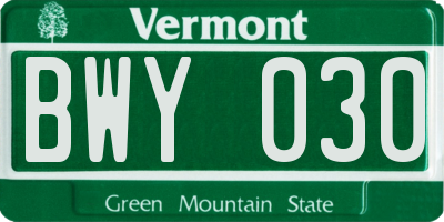 VT license plate BWY030