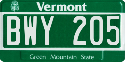 VT license plate BWY205
