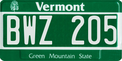 VT license plate BWZ205