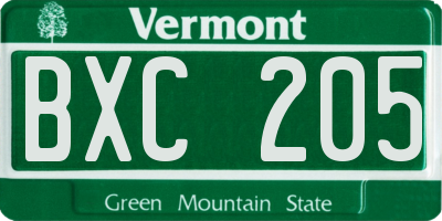 VT license plate BXC205