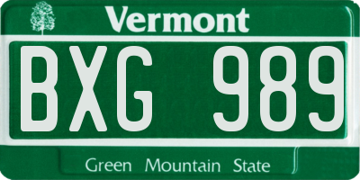VT license plate BXG989