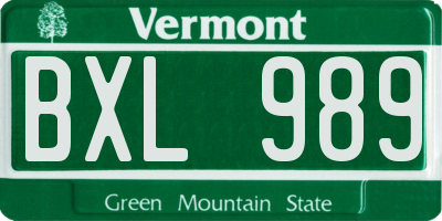 VT license plate BXL989
