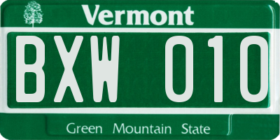 VT license plate BXW010