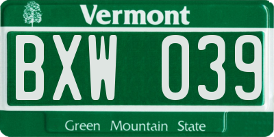 VT license plate BXW039