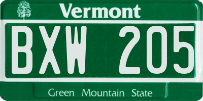 VT license plate BXW205