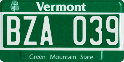 VT license plate BZA039