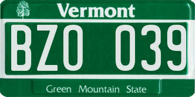 VT license plate BZO039