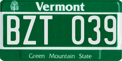VT license plate BZT039