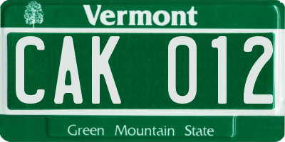 VT license plate CAK012