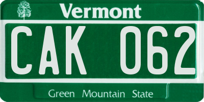 VT license plate CAK062