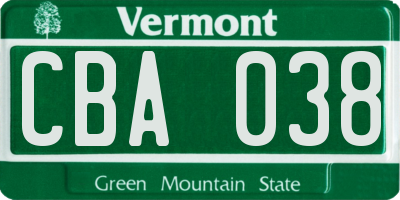 VT license plate CBA038