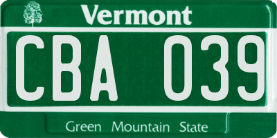 VT license plate CBA039