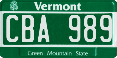 VT license plate CBA989