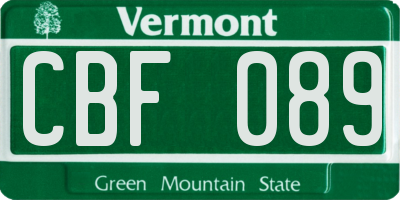 VT license plate CBF089