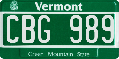VT license plate CBG989
