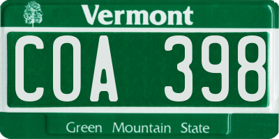 VT license plate COA398