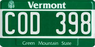 VT license plate COD398