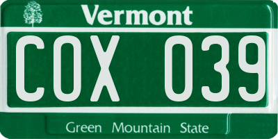 VT license plate COX039
