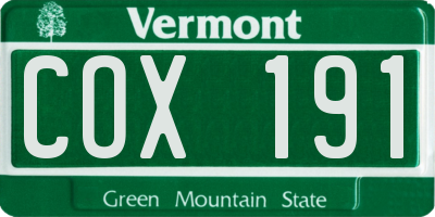 VT license plate COX191