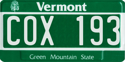 VT license plate COX193