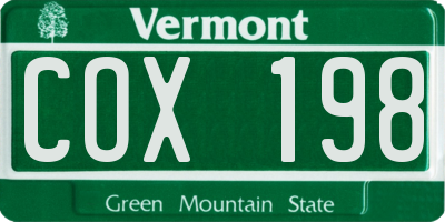 VT license plate COX198