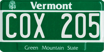 VT license plate COX205