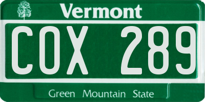 VT license plate COX289