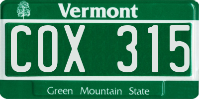 VT license plate COX315
