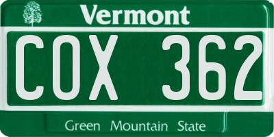VT license plate COX362