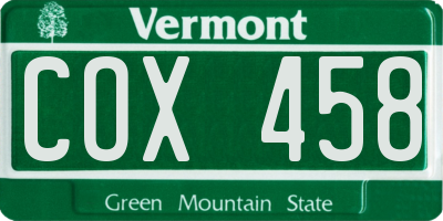 VT license plate COX458