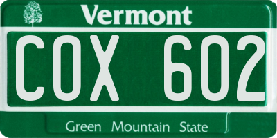 VT license plate COX602