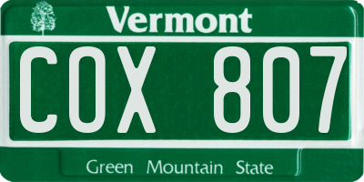 VT license plate COX807