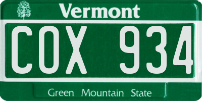 VT license plate COX934
