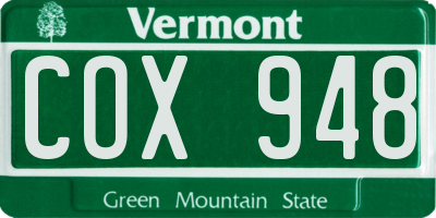VT license plate COX948