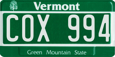 VT license plate COX994