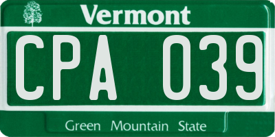VT license plate CPA039