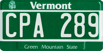 VT license plate CPA289