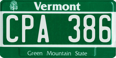 VT license plate CPA386