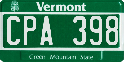 VT license plate CPA398