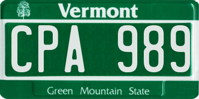VT license plate CPA989