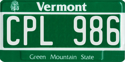 VT license plate CPL986