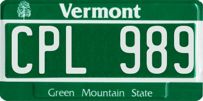 VT license plate CPL989